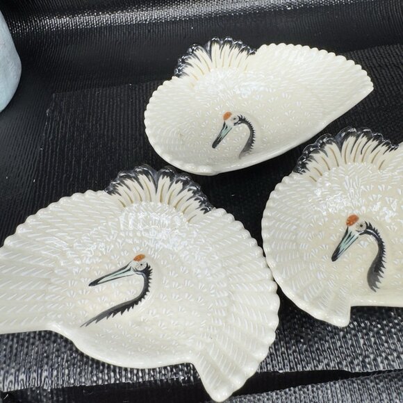 Vintage Japanese Ceramic Footed Crane 4inch Dish Plate Rare Set 3 Dishes Marked - Picture 12 of 16